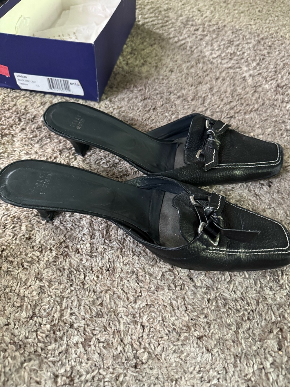 Stuart Weitzman Black Leather Knot-Front Square Toe Mules - Picture 5 of 5